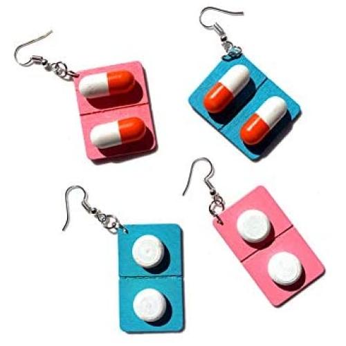 4 Pair Funny Lovely Capsule-shaped Pills Dangle Earrings Wooden Pills Medicine Board Drop Earrings Exaggerated Durable and Useful Earrings for Women Girl Unique Cute Jewelry