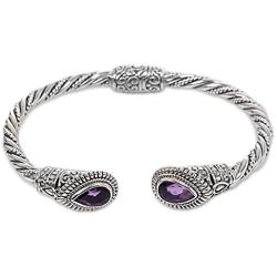 NOVICA Amethyst .925 Sterling Silver Hinged Twist Cuff Bracelet Bright Eyes