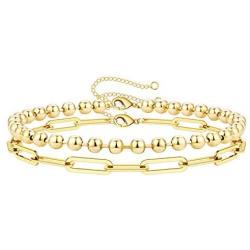 BOUTIQUELOVIN 14K Gold Plated Dainty Paperclip Link Chain Bracelet for Women Girls Layered Bead Bracelets