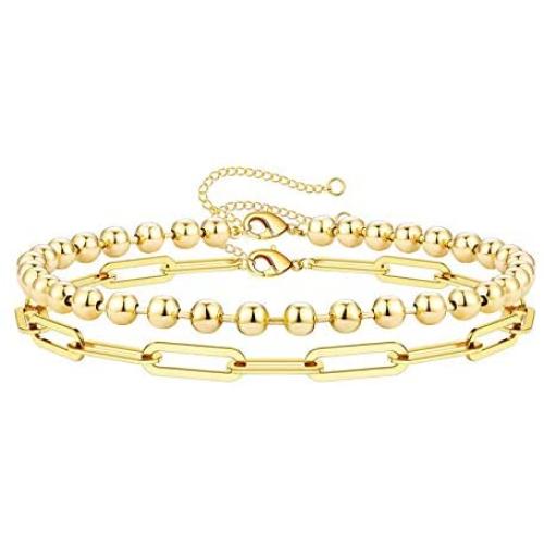 BOUTIQUELOVIN 14K Gold Plated Dainty Paperclip Link Chain Bracelet for Women Girls Layered Bead Bracelets