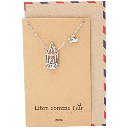 Quan Jewelry Gifts for Women Bird Cage with Key and Bird Charms Pendant Necklace, Necklaces for Women with Inspirational Greeting Card