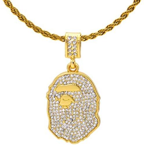 Nsitbbuery Hip Hop Plated 18K Gold Iced Out Ape Head Tag Pendant Chain Necklace