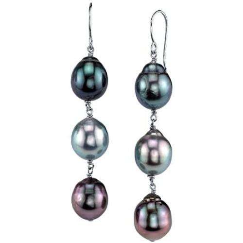 THE PEARL SOURCE 14K Gold 8-9mm Drop Multicolor Tahitian South Sea Cultured Pearl Tincup Earrings for Women