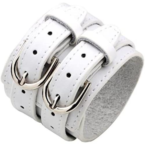 Fusamk Punk Rock Alloy Double Row Leather Belt Wristband Bracelet Bangle,7.0-8.0inches