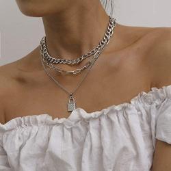 Chargances Chunky Chain Collar Choker for Women and Girls Necklace for Women and Girls Diamond Lock Pendant Multi Layer Chain Necklace Ladies Party Jewelry(Silver)