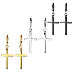 3 Pairs Cross Earrings for Men Women - Stainless Steel Hoop Dangle Drop Cross Earrings Silver Gold Black