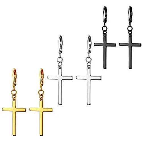 3 Pairs Cross Earrings for Men Women - Stainless Steel Hoop Dangle Drop Cross Earrings Silver Gold Black 3 Pairs Cross Earrings for Men Women - Stainless Steel Hoop Dangle Drop Cross Earrings Silver Gold Black