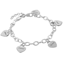 MyNameNecklace Personalized Link Bracelet with Engraved Dangle Heart Shape Charms Sterling Silver 925 or Gold Plating - Custom Made Mothers Jewelry Gift