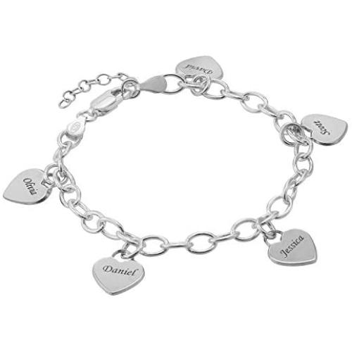 MyNameNecklace Personalized Link Bracelet with Engraved Dangle Heart Shape Charms Sterling Silver 925 or Gold Plating - Custom Made Mothers Jewelry Gift