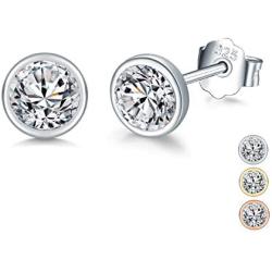 Ccino 925 Sterling Silver Stud Earrings for Women, Silver Stud Earrings with Cubic Zirconia, Hypoallergenic Small Sleeper Cartilage Studs for men, Sizes 3/4/5/6mm, 3 Colors in Silver/Gold/Rose Gold