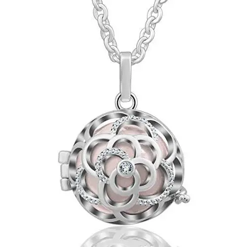 EUDORA Harmony Bola Necklace 20mm Rose Musical Chime Pendant CZ Perfume Diffuser for Mother, 30 Inches