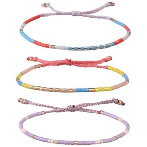 KELITCH 3 Pcs Colorful Mixed Seed Bead Friendship Link Bracelet Handmade Fashion Jewelry Bangles Strand Bracelet for Women Girl