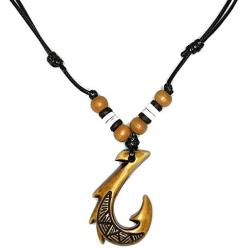 Nove Jewelry Leather Brown Hawaiian Fish Hook Pendant Hemp Cord Chain - Adjustable Black Cord