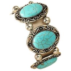 Sinkcangwu Bohemian Retro Pattern Ancient Oval Rhinestone Alloy Turquoise Bangles Statement Stretch Bracelet Fashion Jewelry for Women Girl Gift