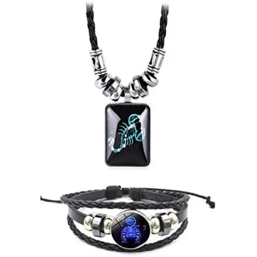 NC Necklaces for Women Men, 12 Constellations Best Friend Necklace Bracelets Sets Teen Girls Alloy Pendant Leather Braided Rope Jewelry