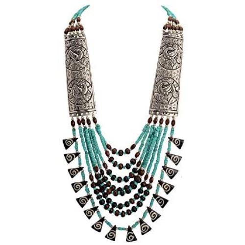 Zephyrr Tibetan Handmade Statement Long Multi Strand Necklace Fashion Mosaic Jewelry for Girls and Women, Wooden Beaded JAN-2235