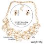 Blufly Vintage Pearl Earrings and Necklace Set Boho Gold Olive Leaf Crystal Earrings Set Rhinestone Sweater Necklaces Bib Necklace Chain Bridal Jewelry Set for Women and Girls