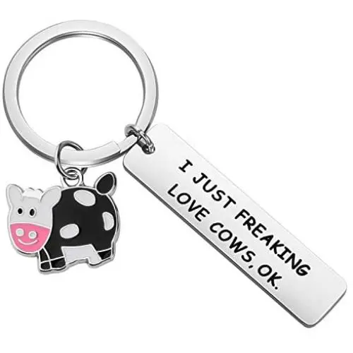 BEKECH Cute Animal Cow Jewelry Cow Lover Gift I Just Freaking Love Cows OK Cow Keychain Cow Gifts for Farmer Cow Owner Farm Gift Cow Mama Gift Fur Mama Gift Crazy Cow Lady Gift