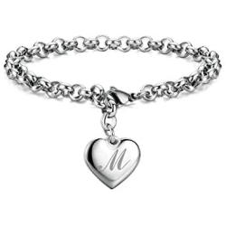 Mothers Day Gifts Initial Charm Bracelets Stainless Steel Heart 26 Letters Alphabet for Women