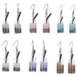 Mountainer 6 Pairs Cute Pearl Milk Tea Dangle Earrings Funny Drop Earrings for Women Girls Valentines Day Gift