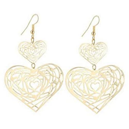 IDB Delicate Filigree Dangle Double Heart Drop Hook Earrings - Available in Silver and Gold Tones