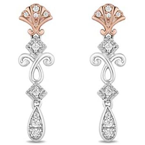 Jewelili Enchanted Disney Fine Jewelry 14K Rose Gold over Sterling Silver 1/6 CTTW Diamond Ariel Shell Earring
