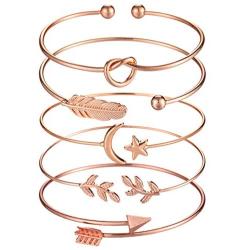 Starain Rose Gold Bracelets for Women Girls Arrow Knot Heart Leaf Bangle Bracelet Stackable Cuff Bracelet Set, 5Pcs
