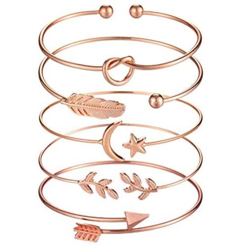 Starain Rose Gold Bracelets for Women Girls Arrow Knot Heart Leaf Bangle Bracelet Stackable Cuff Bracelet Set, 5Pcs