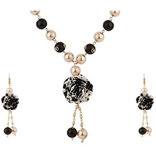 Efulgenz Jewelry Set Black Floral Faux Pearl Beads Strand Necklace Earrings Fashion Costume Jewelry Women Girls