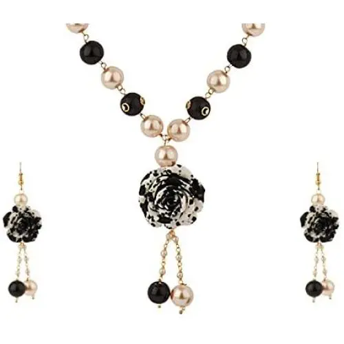 Efulgenz Jewelry Set Black Floral Faux Pearl Beads Strand Necklace Earrings Fashion Costume Jewelry Women Girls