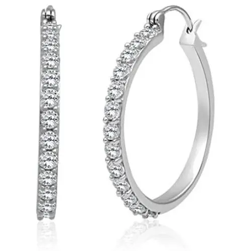 Jewelili Sterling Silver 2 MM Round Created White Sapphire Hoop Earrings