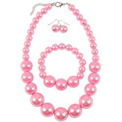 Shineland Simple Large Big Simulated Pearl Statement Necklace Bracelet and Earrings Jewelry Set (Pink)