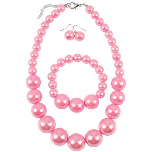 Shineland Simple Large Big Simulated Pearl Statement Necklace Bracelet and Earrings Jewelry Set (Pink)