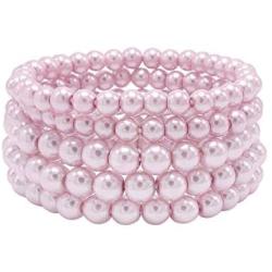 T-Doreen 5 Pcs Faux Pearl Bracelet Set for Women Beaded Stretch Strand Bracelets for Bridesmaid,Bridal,Party Jewelry