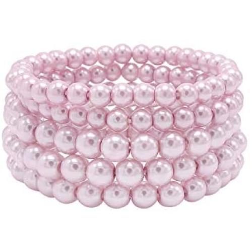 T-Doreen 5 Pcs Faux Pearl Bracelet Set for Women Beaded Stretch Strand Bracelets for Bridesmaid,Bridal,Party Jewelry