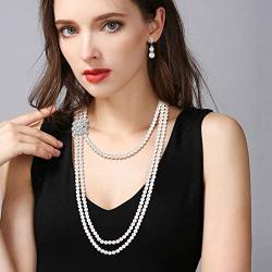 EVER FAITH Womens Crystal Cream Simulated Pearl 1920s Gatsby Multilayer Vintage Bridal Jewelry Set with Flower Brooch