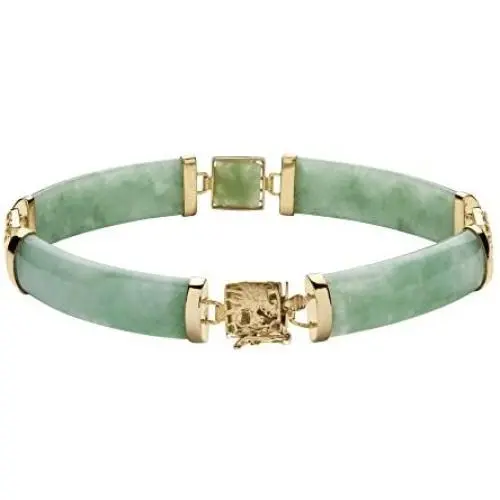 Goldtone over Sterling Silver Macaroni Link Genuine Green Jade, Dragon Link Bracelet (8.5mm), Box Clasp, 7.25 inches