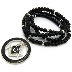 Shiny Jewelers USA Mens Freemason Masonic Compass Pendant with 6mm/30 Wooden Bead Necklace