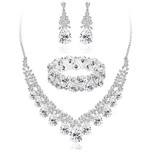 ORAZIO Rhinestone Wedding Necklace and Earrings Jewelry Sets for Women with Bridal Bracelet Necklace Set Bridesmaid Jewelry