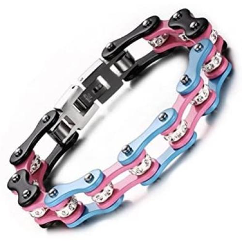 Transgender Pride Stainless Steel Bracelet (Bike Gear Chain Wristlet) - LGBT Pride Wristband with Transgender Flag Colors
