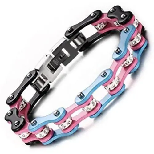 Transgender Pride Stainless Steel Bracelet (Bike Gear Chain Wristlet) - LGBT Pride Wristband with Transgender Flag Colors Transgender Pride Stainless Steel Bracelet (Bike Gear Chain Wristlet) - LGBT Pride Wristband with Transgender Flag Colors