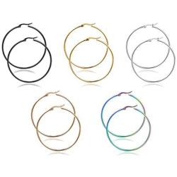 HOUSWEETY 5 Pairs 5 Colors Stainless Steel Smooth Simple Hoop Earrings (Dia.10mm)