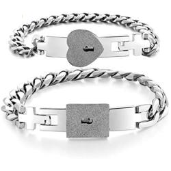 ZEINZE 2 PCS Lock Interlock Key Bracelet Titanium Steel Couples Bracelet Bangle Jewelry Romantic Gift for Valentines Day, Birthday Gift for Couples Lover(White)