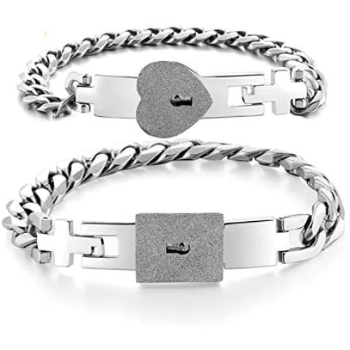 ZEINZE 2 PCS Lock Interlock Key Bracelet Titanium Steel Couples Bracelet Bangle Jewelry Romantic Gift for Valentines Day, Birthday Gift for Couples Lover(White)