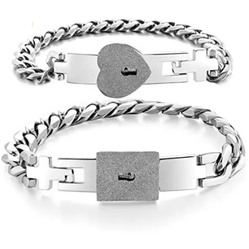 ZEINZE 2 PCS Lock Interlock Key Bracelet Titanium Steel Couples Bracelet Bangle Jewelry Romantic Gift for Valentines Day, Birthday Gift for Couples Lover(White)