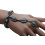 TFJ Women Fashion Jewelry Hand Chain Metal Bracelet Slave Ring Turquoise Blue Ethnic Antique Silver