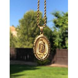 Men Women Gold Finish Our lady of guadalupe holy pendant necklace Stainless Steel Jewelry Catholic Mary ,the Holy Mother of God 24'' Rope Chain Set