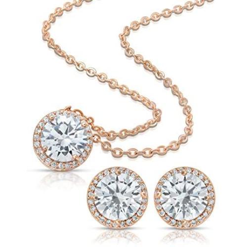 BRIDE DAZZLE Bridesmaid Gifts - Pretty Halo Cubic-Zirconia Necklace & Earrings Set (18'', Rose Gold)