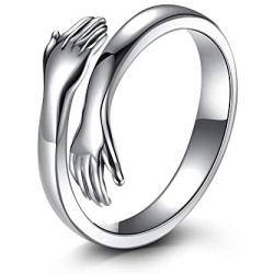 LOVECOM Hug Ring,925 Sterling Silver Hug Rings for Women Girls Silver Hugging Hands Open Promise Ring Jewelry Hug Hands Mens Rings Couples Wedding Bands