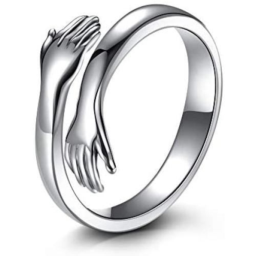 LOVECOM Hug Ring,925 Sterling Silver Hug Rings for Women Girls Silver Hugging Hands Open Promise Ring Jewelry Hug Hands Mens Rings Couples Wedding Bands